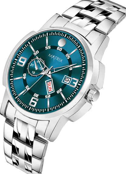 Matrix Black, Blue, White Dial, Day & Date Functioning, Stainless Steel Strap Analog Watch for Men & Women (Green) 