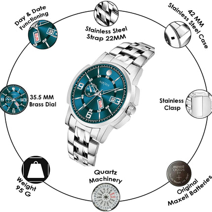 Matrix Black, Blue, White Dial, Day & Date Functioning, Stainless Steel Strap Analog Watch for Men & Women (Green) 
