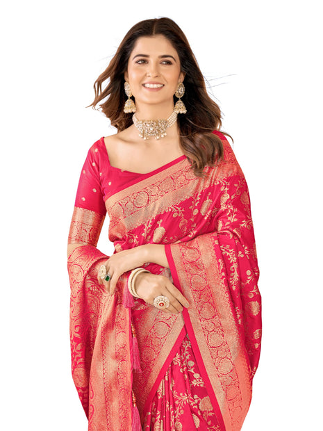 Mehrang Cotton Banarasi Silk Saree for Women With Unstitched Blouse Piece (Rani 2) 