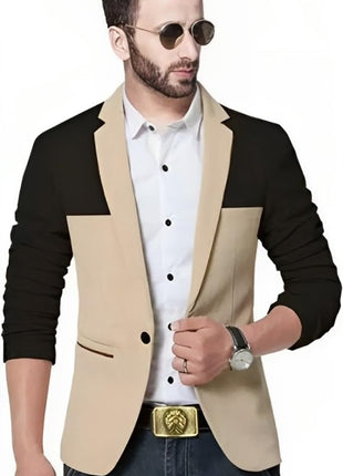 Men's Single Breasted Casual, Formal, Party, Wedding Blazer, Black and Beige (in, Numeric, 44, Sandel) 