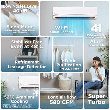 Midea 1.5 Ton 3 Star, AI Smart Wi-Fi Inverter Split AC (100% Copper, Convertible 4-in-1 Cooling at 52℃, HD PM2.5 Filter, SANTIS NEO DLX (Wi-Fi), MAI18SD3R35W0,White) 