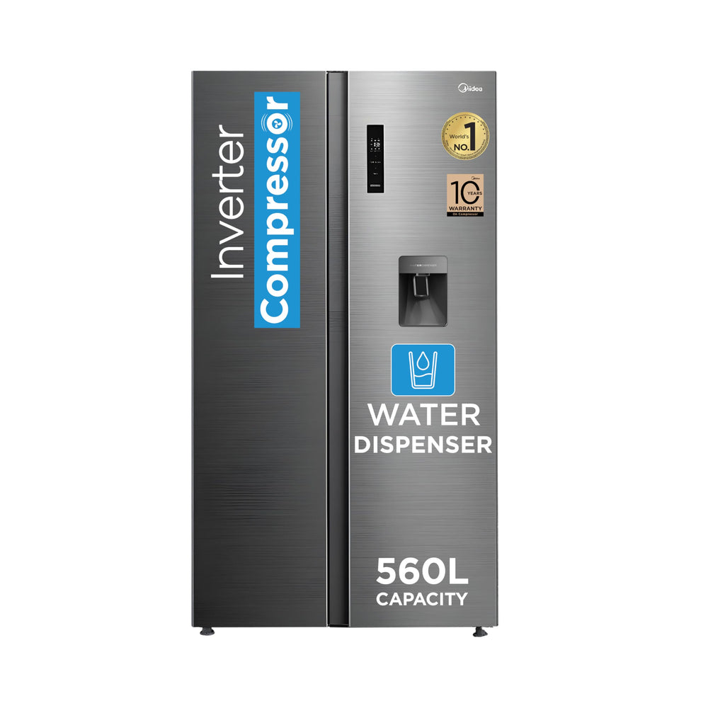 Midea 560 L Side By Side,Frost Free Refrigerator|Water Dispenser |Inverter Compressor (MDRS704FGF46 Bru Steel),Grey