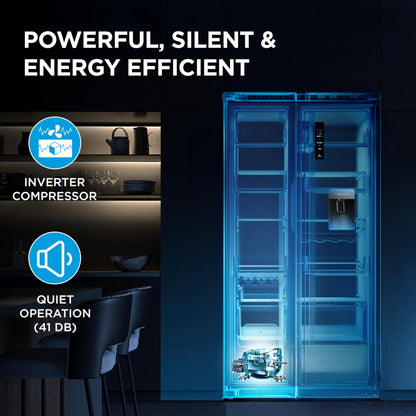 Midea 560 L Side By Side,Frost Free Refrigerator|Water Dispenser |Inverter Compressor (MDRS704FGF46 Bru Steel),Grey 