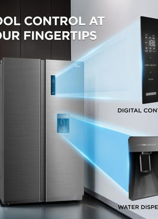 Midea 560 L Side By Side,Frost Free Refrigerator|Water Dispenser |Inverter Compressor (MDRS704FGF46 Bru Steel),Grey 