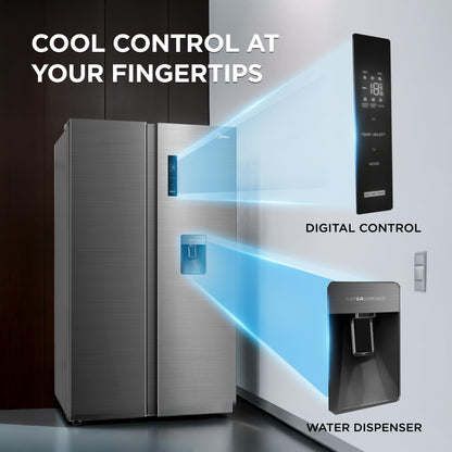 Midea 560 L Side By Side,Frost Free Refrigerator|Water Dispenser |Inverter Compressor (MDRS704FGF46 Bru Steel),Grey 