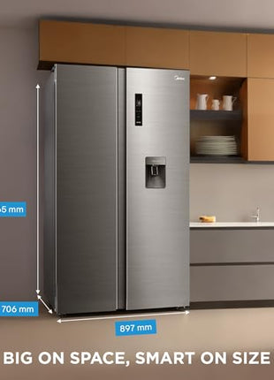 Midea 560 L Side By Side,Frost Free Refrigerator|Water Dispenser |Inverter Compressor (MDRS704FGF46 Bru Steel),Grey 