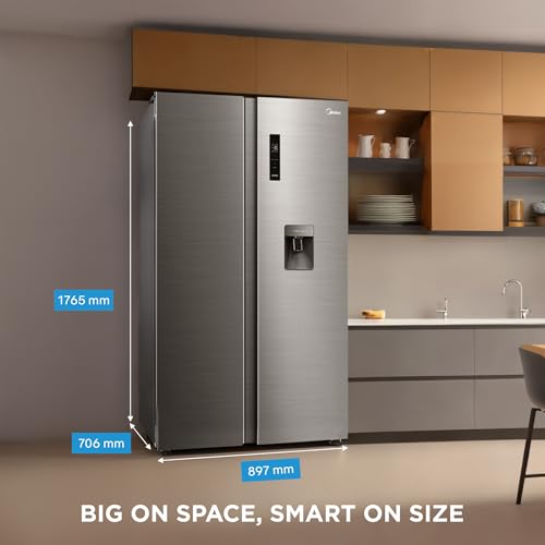 Midea 560 L Side By Side,Frost Free Refrigerator|Water Dispenser |Inverter Compressor (MDRS704FGF46 Bru Steel),Grey 