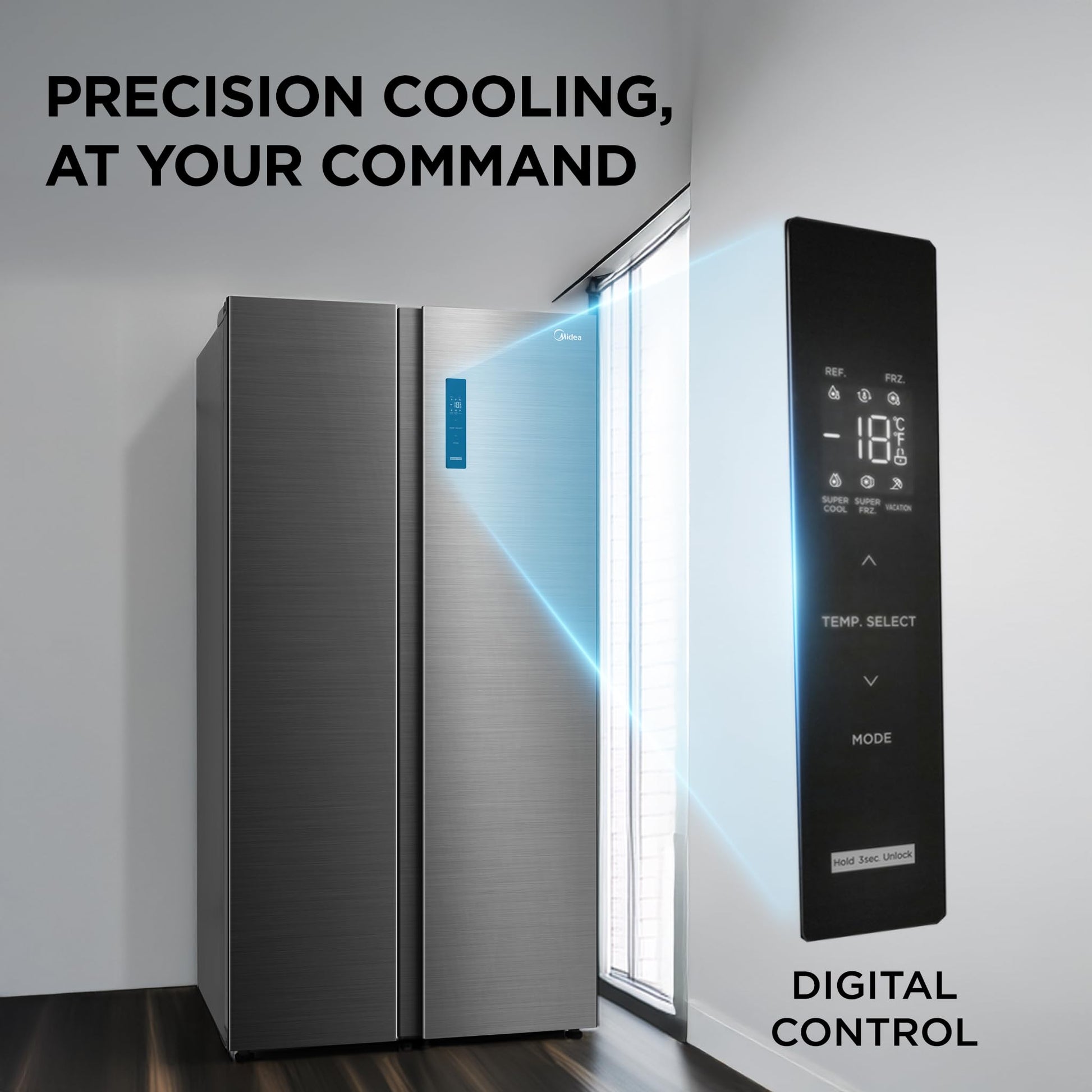Midea 563 L Side By Side, Frost Free Refrigerator |Digital Display|Stabilizer Free Operation|Inverter compressor (MDRS710FGF46 Bru Steel) 
