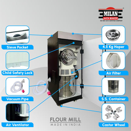 Milan Elenge Fully Automatic Domestic Flour Mill Machine - Atta Chakki, Aata Maker, Ghar Ghanti | 8-10 Kg/Hr Grinding Capacity, 4.5 Kg Hopper | 2880 RPM Motor | Low Voltage Operation (175V) (Wooden) 
