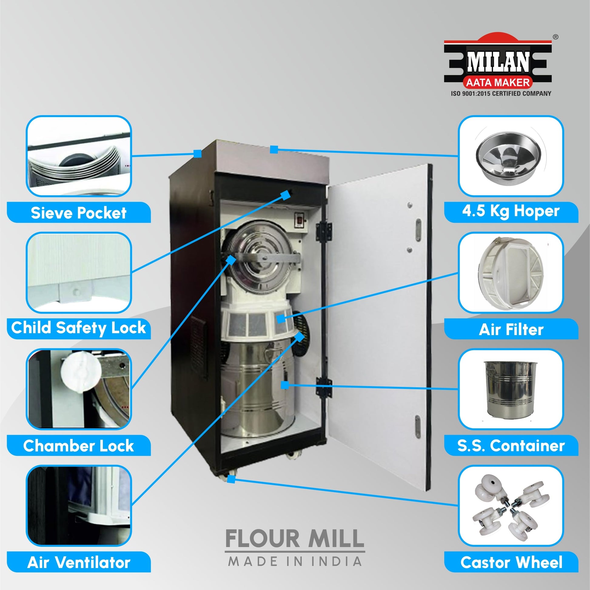 Milan Fully Automatic Domestic Flour Mill Machine - Atta Chakki, Aata Maker, Ghar Ghanti | 8-10 Kg/Hr Grinding Capacity, 4.5 Kg Hopper | 2880 RPM Motor | Low Voltage Operation (175V)(Small Pot) 
