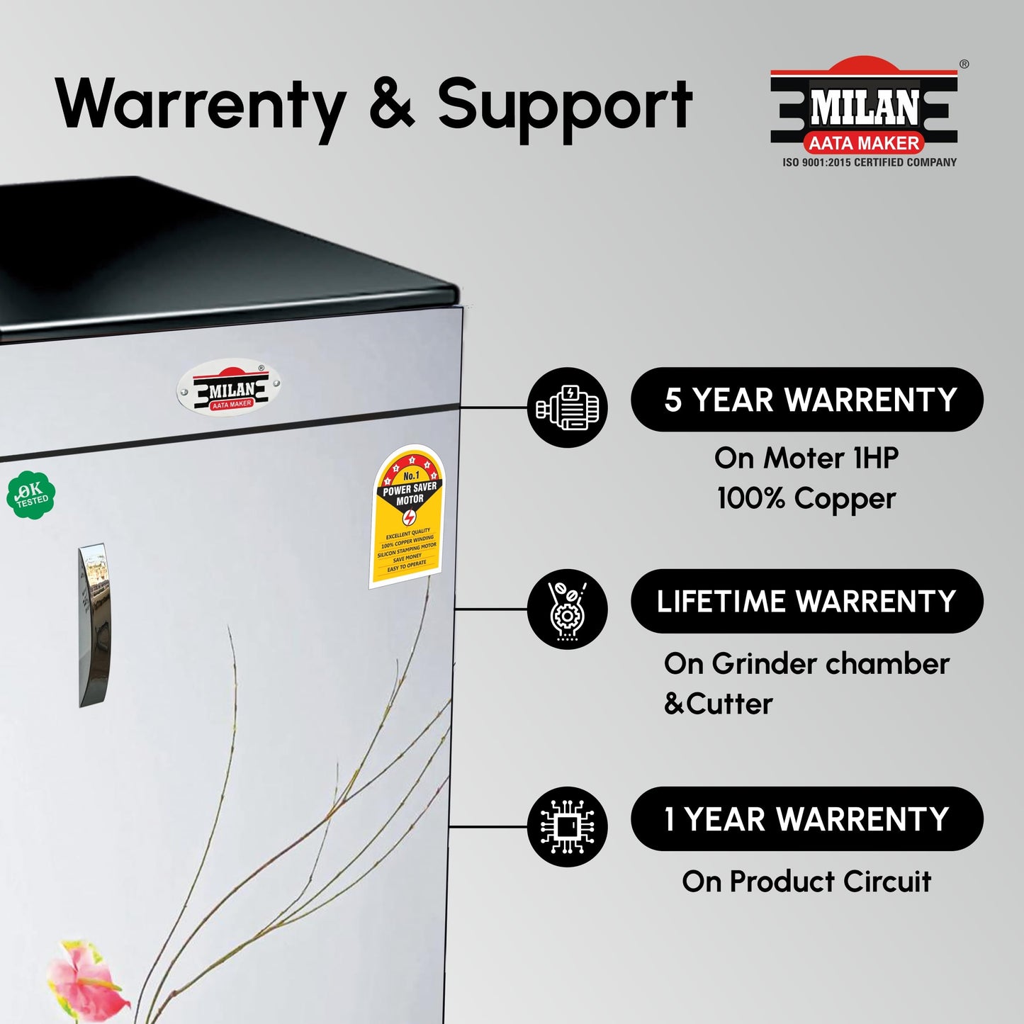 Milan Fully Automatic Domestic Flour Mill Machine - Atta Chakki, Aata Maker, Ghar Ghanti | 8-10 Kg/Hr Grinding Capacity, 4.5 Kg Hopper | 2880 RPM Motor | Low Voltage Operation (175V)(Small Pot) 