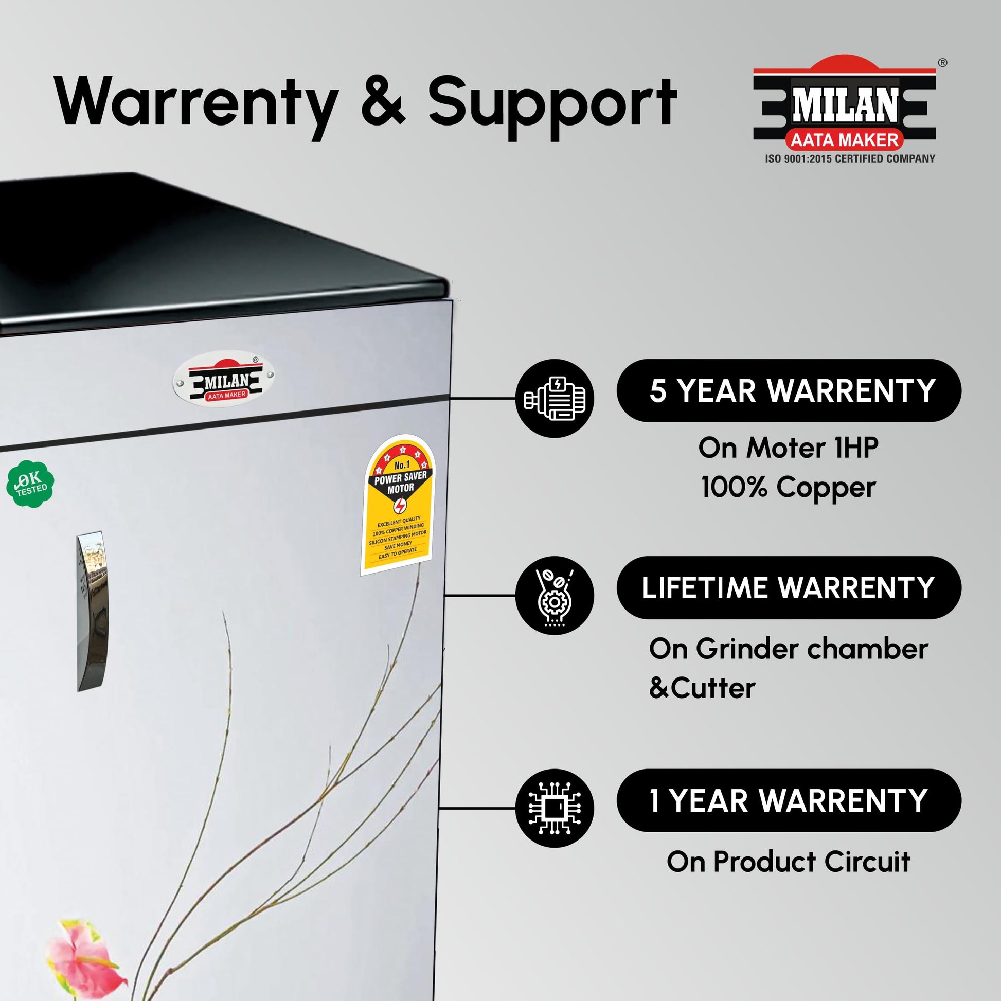 Milan Fully Automatic Domestic Flour Mill Machine - Atta Chakki, Aata Maker, Ghar Ghanti | 8-10 Kg/Hr Grinding Capacity, 4.5 Kg Hopper | 2880 RPM Motor | Low Voltage Operation (175V)(Small Pot) 