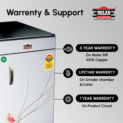 Milan Fully Automatic Domestic Flour Mill Machine - Atta Chakki, Aata Maker, Ghar Ghanti | 8-10 Kg/Hr Grinding Capacity, 4.5 Kg Hopper | 2880 RPM Motor | Low Voltage Operation (175V)(Small Pot) 