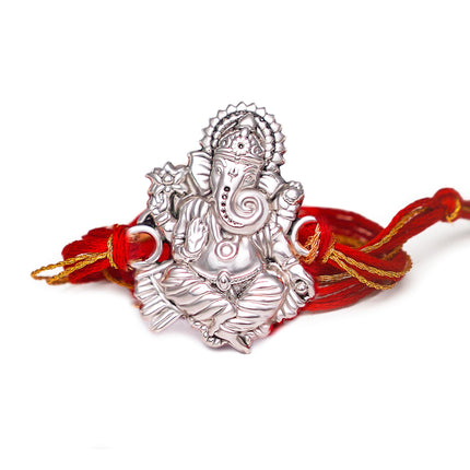 Milan Jewellers Certified 99.5% Pure Silver Om Ganesh Rakhi with Pure Cotten Red and Golden Zari Thread, Roli Chawal bottles (Ganesh) 