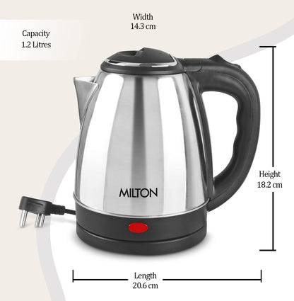 Milton Euroline Go Electro 1.2 Stainless Steel Electric Kettle, (1 Piece), 1.2 Litres, Silver | Power Indicator | 1500 Watts | Auto Cut-off | Detachable 360 Degree Connector | Boiler for Water 
