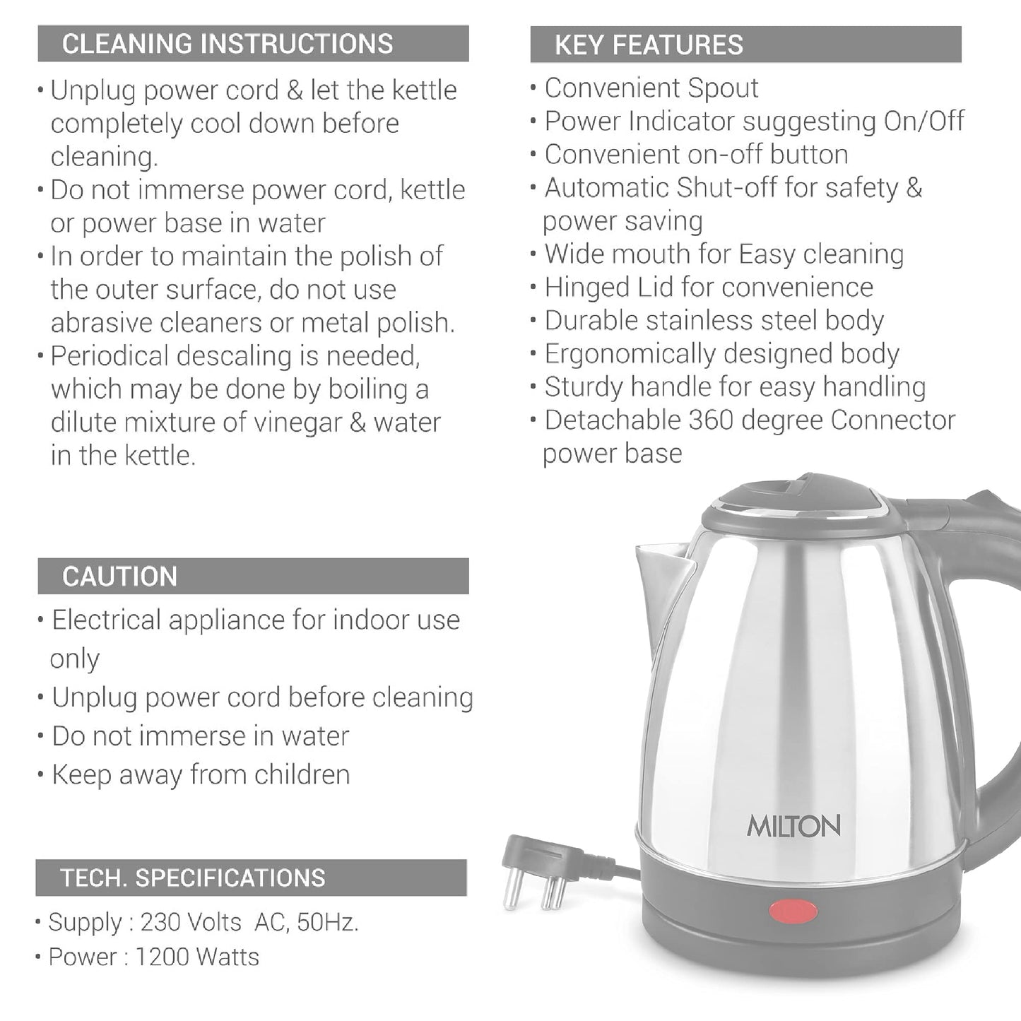 Milton Euroline Go Electro 1.2 Stainless Steel Electric Kettle, (1 Piece), 1.2 Litres, Silver | Power Indicator | 1500 Watts | Auto Cut-off | Detachable 360 Degree Connector | Boiler for Water 