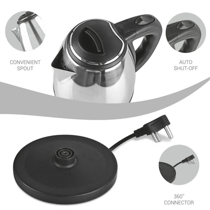 Milton Euroline Go Electro 1.2 Stainless Steel Electric Kettle, (1 Piece), 1.2 Litres, Silver | Power Indicator | 1500 Watts | Auto Cut-off | Detachable 360 Degree Connector | Boiler for Water 