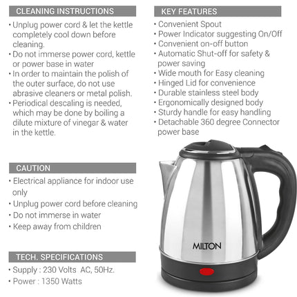 Milton Euroline Go Electro 2.0 Stainless Steel Electric Kettle, 1 Piece, 2 Litre, Silver, Power Indicator, 1350 Watts, Auto Cut-off, Detachable 360 Degree Connector, Boiler for Water, Instant Noodles 