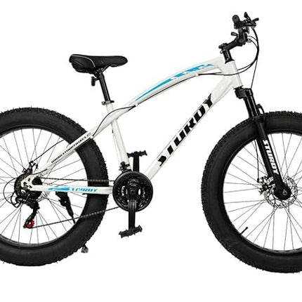 Mioox Fat Tyre Mountain Bike With 21 Speed Gears,26 * 4T Inch Wheels,Disk Brakes Cycle For Adults/Unisex (With Original Shimano Gears), Front, 18 Inches, White 