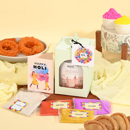Mo's Bakery Holi Blue Gift Box with Apple Cinnamon & Oatmeal Cookies, Holi Colours and Thandai Mix | Cookies Gift Box for Holi | Herbal Gulal 15g x 3 colours | Holi Corporate Gift Box | Gift For Holi Festival | Herbal and Natural Colors 