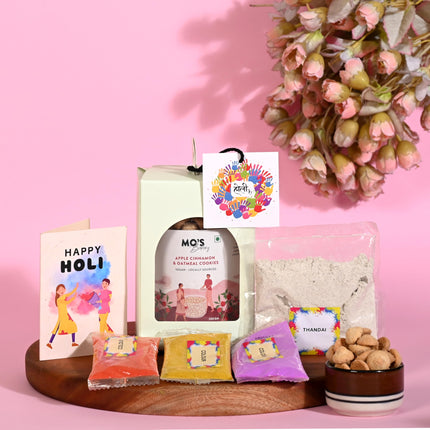 Mo's Bakery Holi Blue Gift Box with Apple Cinnamon & Oatmeal Cookies, Holi Colours and Thandai Mix | Cookies Gift Box for Holi | Herbal Gulal 15g x 3 colours | Holi Corporate Gift Box | Gift For Holi Festival | Herbal and Natural Colors 