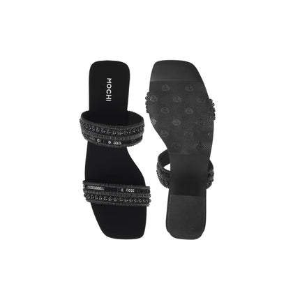 Mochi Women Black Block Heel Sequin Strap Fashion Slip-on Sandal UK/7 EU/40 (41-315) 