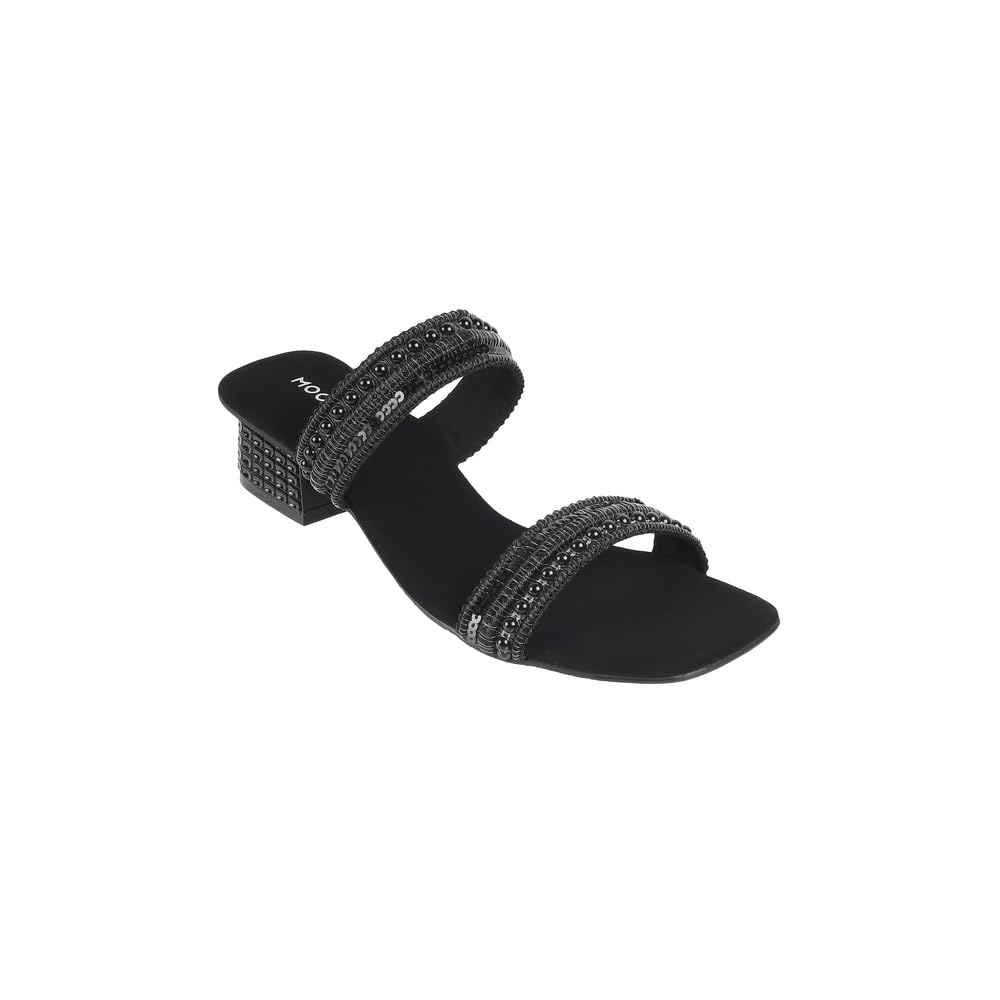 Mochi Women Black Block Heel Sequin Strap Fashion Slip-on Sandal UK/7 EU/40 (41-315) 