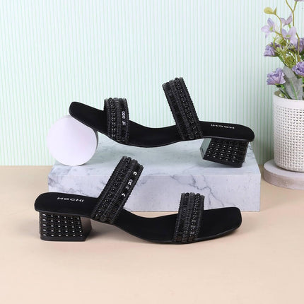 Mochi Women Black Block Heel Sequin Strap Fashion Slip-on Sandal UK/7 EU/40 (41-315) 