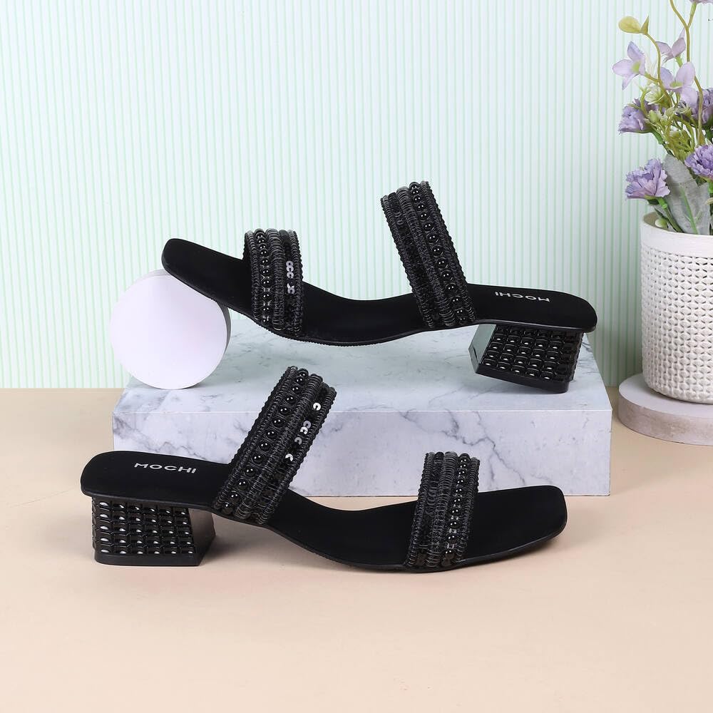 Mochi Women Black Block Heel Sequin Strap Fashion Slip-on Sandal UK/7 EU/40 (41-315) 