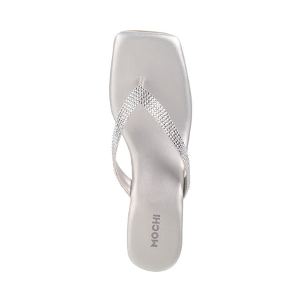Mochi Women's Silver Faux Leather Square Toe Block Heel Thong Fashion Sandals UK/7 EU/40 (35-4990) 