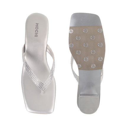 Mochi Women's Silver Faux Leather Square Toe Block Heel Thong Fashion Sandals UK/7 EU/40 (35-4990) 