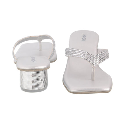 Mochi Women's Silver Faux Leather Square Toe Block Heel Thong Fashion Sandals UK/7 EU/40 (35-4990) 