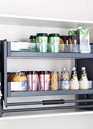 Modular Kitchen Storage Rack Lift Basket Elevator Glass Finished Pull Down Two Shelf Unit for Cabinet (900mm Grey) 