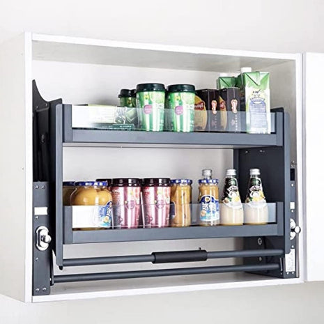 Modular Kitchen Storage Rack Lift Basket Elevator Glass Finished Pull Down Two Shelf Unit for Cabinet (900mm Grey) 