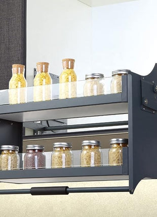 Modular Kitchen Storage Rack Lift Basket Elevator Glass Finished Pull Down Two Shelf Unit for Cabinet (900mm Grey) 