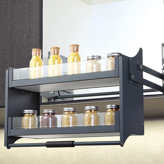 Modular Kitchen Storage Rack Lift Basket Elevator Glass Finished Pull Down Two Shelf Unit for Cabinet (900mm Grey) 