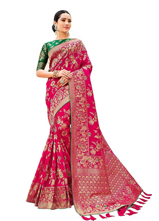 Monjolika Fashion Women's Banarasi Silk Blend Woven Zari With Tussles Saree and Unsttiched Blouse Piece (37765 color) (Rani Pink) 