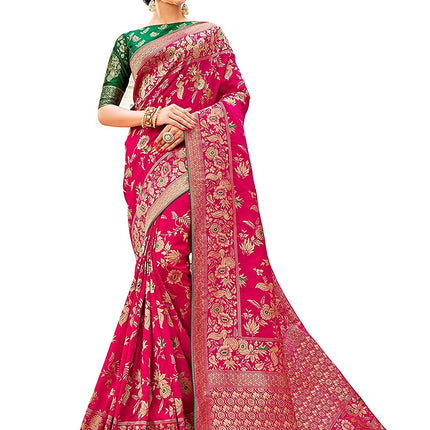 Monjolika Fashion Women's Banarasi Silk Blend Woven Zari With Tussles Saree and Unsttiched Blouse Piece (37765 color) (Rani Pink) 