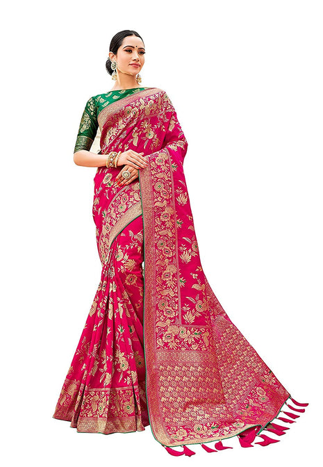 Monjolika Fashion Women's Banarasi Silk Blend Woven Zari With Tussles Saree and Unsttiched Blouse Piece (37765 color) (Rani Pink) 