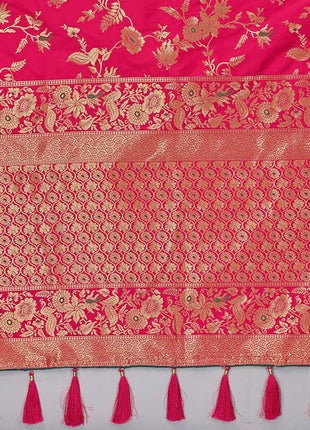 Monjolika Fashion Women's Banarasi Silk Blend Woven Zari With Tussles Saree and Unsttiched Blouse Piece (37765 color) (Rani Pink) 