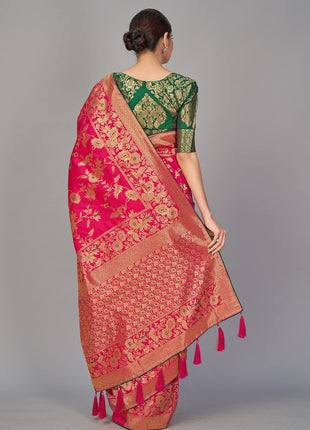 Monjolika Fashion Women's Banarasi Silk Blend Woven Zari With Tussles Saree and Unsttiched Blouse Piece (37765 color) (Rani Pink) 