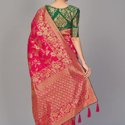 Monjolika Fashion Women's Banarasi Silk Blend Woven Zari With Tussles Saree and Unsttiched Blouse Piece (37765 color) (Rani Pink) 