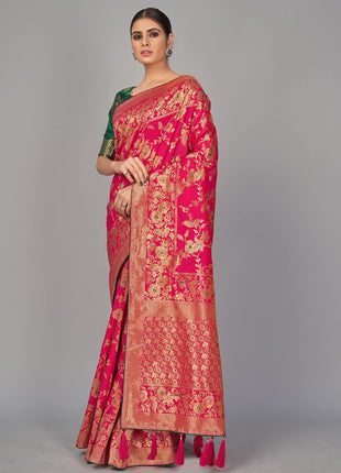 Monjolika Fashion Women's Banarasi Silk Blend Woven Zari With Tussles Saree and Unsttiched Blouse Piece (37765 color) (Rani Pink) 