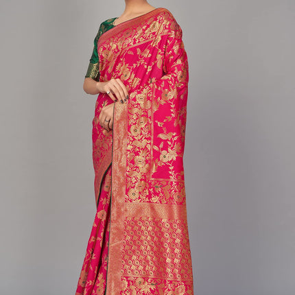 Monjolika Fashion Women's Banarasi Silk Blend Woven Zari With Tussles Saree and Unsttiched Blouse Piece (37765 color) (Rani Pink) 