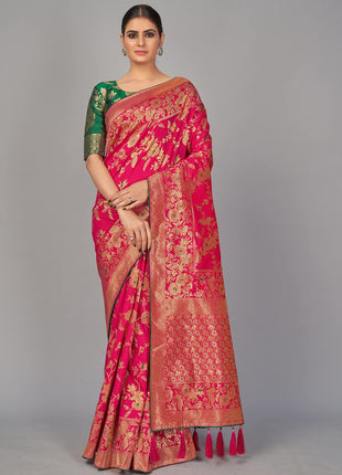Monjolika Fashion Women's Banarasi Silk Blend Woven Zari With Tussles Saree and Unsttiched Blouse Piece (37765 color) (Rani Pink) 