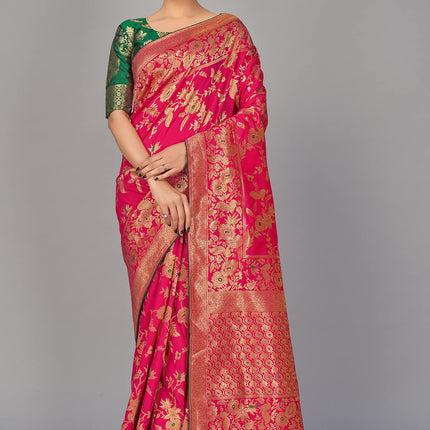 Monjolika Fashion Women's Banarasi Silk Blend Woven Zari With Tussles Saree and Unsttiched Blouse Piece (37765 color) (Rani Pink) 