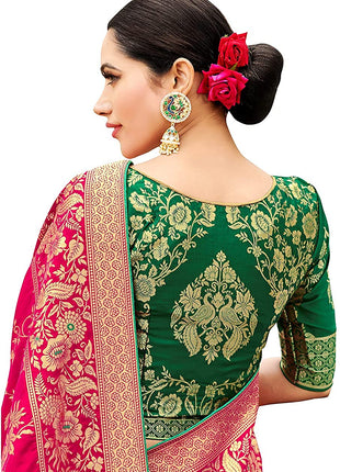 Monjolika Fashion Women's Banarasi Silk Blend Woven Zari With Tussles Saree and Unsttiched Blouse Piece (37765 color) (Rani Pink) 