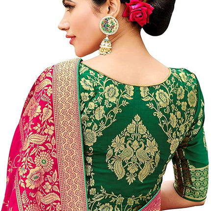 Monjolika Fashion Women's Banarasi Silk Blend Woven Zari With Tussles Saree and Unsttiched Blouse Piece (37765 color) (Rani Pink) 