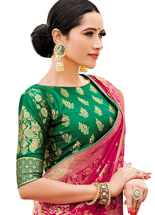 Monjolika Fashion Women's Banarasi Silk Blend Woven Zari With Tussles Saree and Unsttiched Blouse Piece (37765 color) (Rani Pink) 