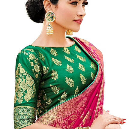 Monjolika Fashion Women's Banarasi Silk Blend Woven Zari With Tussles Saree and Unsttiched Blouse Piece (37765 color) (Rani Pink) 